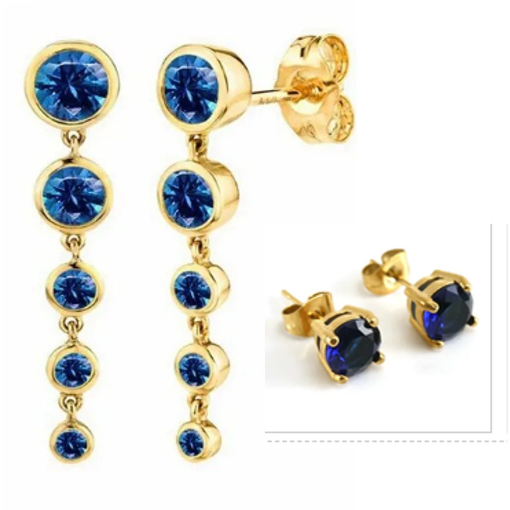 Blue Crystal 925 Sterling Silver Water Fall  pendant gold earrings - 2 Pairs
